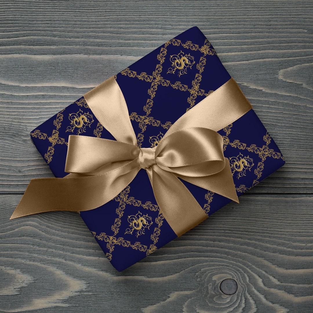 Elegant Gift Wrap Gold Monogram Filigree Navy Blue Wrapping Paper Sheets  Beauty Beast Wedding Shower Bridal Unique Present Elegant Birthday 