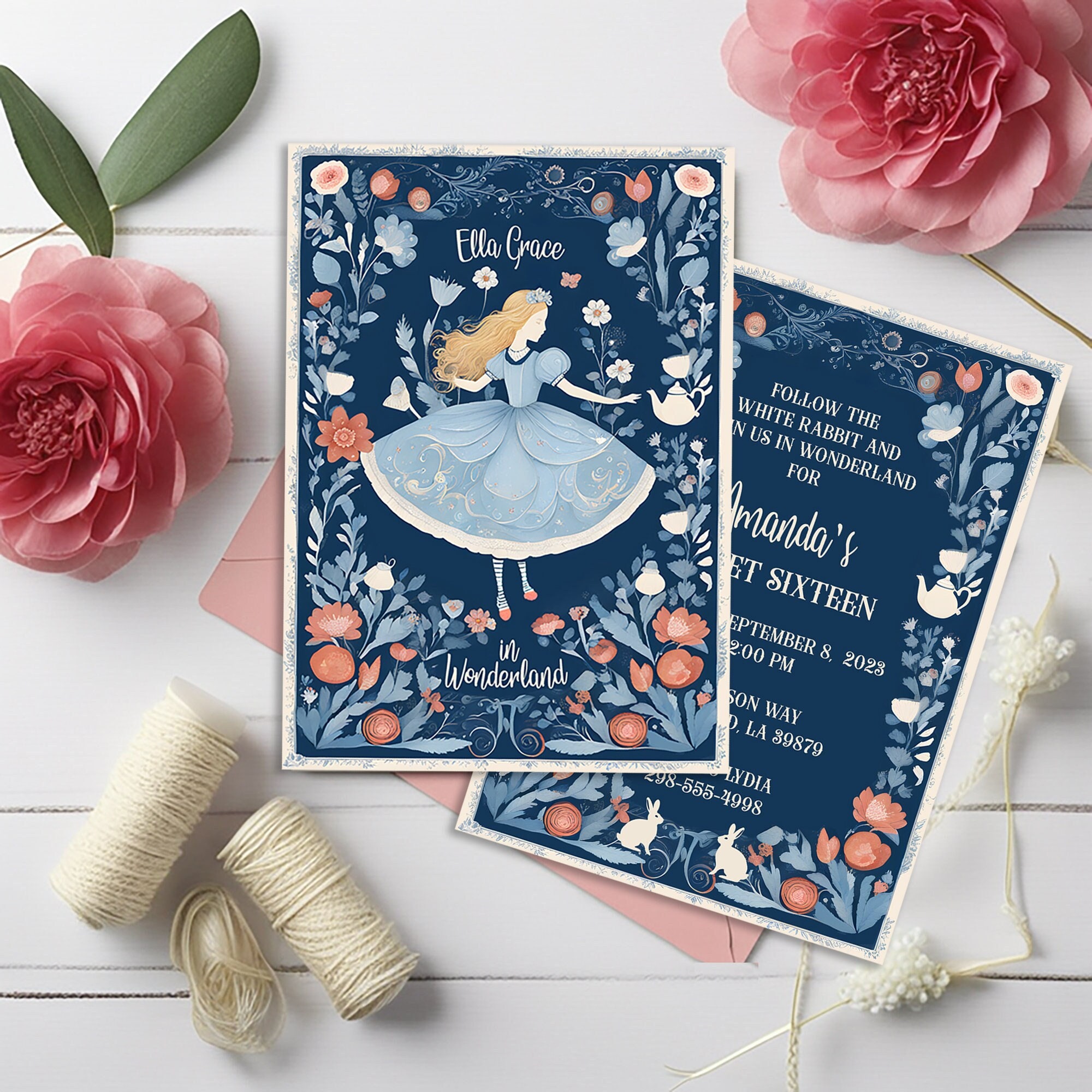 Whimsical Alice in Wonderland Invitation 5x7 Double Sided Card Blue Pink Flowers Tea Party Theme White Rabbit
