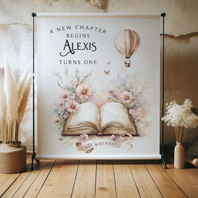 A lovely vinyl backdrop for a baby shower or first birthday for her with a storybook theme. Wildflowers and book and a hot air balloon add a whimsical and elegant touch to this neutral color scheme in soft pale colors of blush pink, pale cornflower blue and ivory.