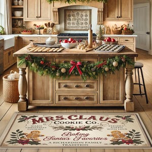 May include: A cream-coloured doormat with a vintage-style design featuring the text "MRS. CLAUS COOKIE CO." and a gingerbread man illustration. The text reads "Warm Christmas Cookies" and "Baking Santa's Favourites" with a red and green holly border.