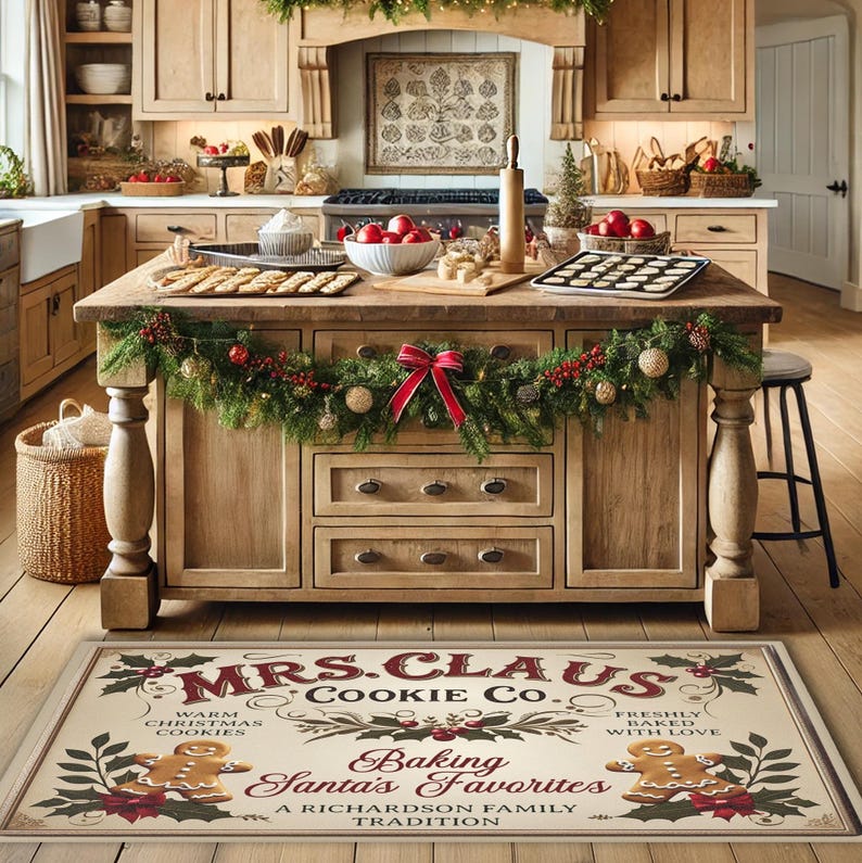 May include: A cream-coloured doormat with a vintage-style design featuring the text "MRS. CLAUS COOKIE CO." and a gingerbread man illustration. The text reads "Warm Christmas Cookies" and "Baking Santa's Favourites" with a red and green holly border.