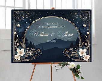 Welcome Sign Midsummer Nights Dream Navy Blue and Gold  - Ethereal Floral Design - Wedding, Quinceanera, Bridal Shower - Whimsical Wedding