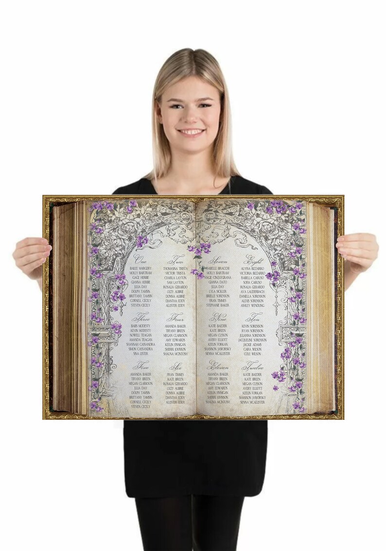 May include: A vintage-style wedding seating chart with a floral design. The chart is printed on a parchment-like paper and features a decorative archway with purple flowers. The names of the guests are listed in alphabetical order under different table names.