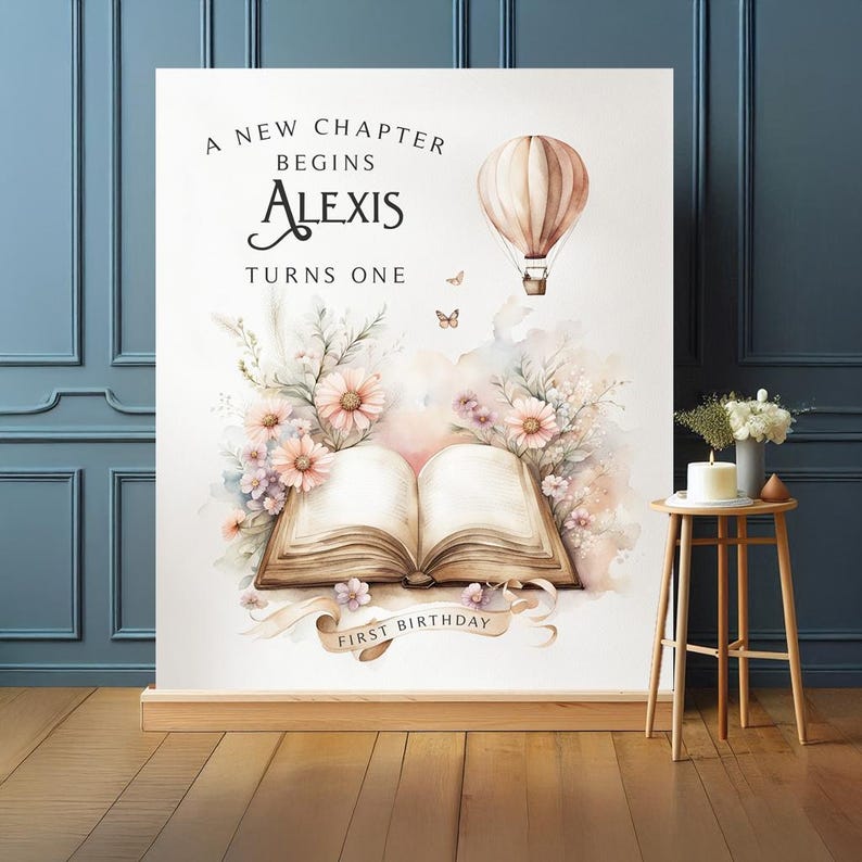 Storybook-themed book backdrop at baby shower, with blush blue pastels, hot air balloon, and custom text, displayed behind dessert table.