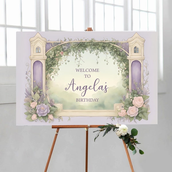 Rapunzel Castle Themed Welcome Sign - Fairytale Frame - Purple Blush Roses - Custom Text - Whimsical Font - Sweet Sixteen - Quinceanera