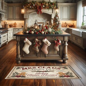 May include: A brown and white kitchen rug with the text "Mrs. Claus Cookie Co. Baking Santa's Favourites A Richardson Family Tradition" and a gingerbread man illustration.