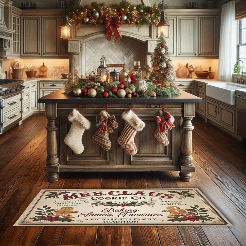 May include: A brown and white kitchen rug with the text "Mrs. Claus Cookie Co. Baking Santa's Favourites A Richardson Family Tradition" and a gingerbread man illustration.
