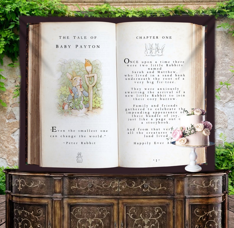 Personalized Storybook Backdrop - Peter Rabbit Theme - Vintage Illustrations - Baby Shower Photo Booth