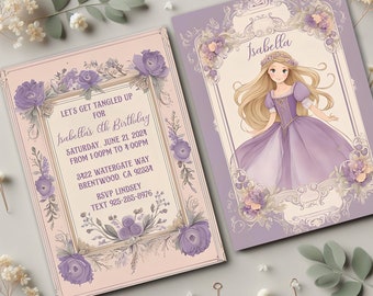 Birthday Invitations Princess Rapunzel - Purple Floral - Double Sided - 5x7" Size - Customizable - Envelopes Included - Pink and Purple