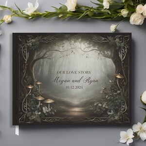 May include: A dark green and gold wedding guest book with a forest scene and the text "Our Love Story Megan and Ryan 10.12.2024".