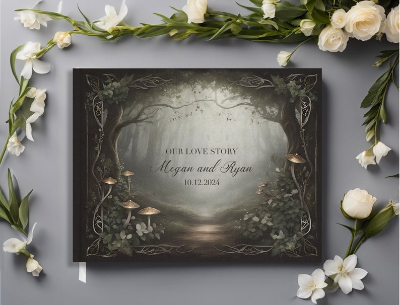 May include: A dark green and gold wedding guest book with a forest scene and the text "Our Love Story Megan and Ryan 10.12.2024".