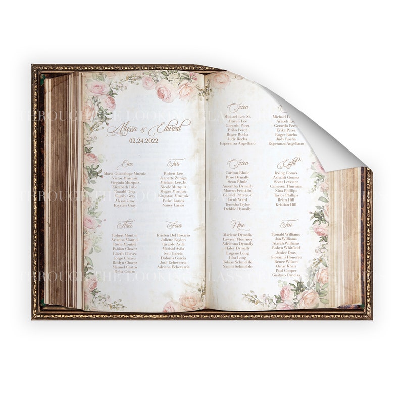 May include: An open book with a floral design on the cover. The pages are filled with names for a wedding reception seating chart. The text on the cover reads "Atera & Edward 02.24.2022".