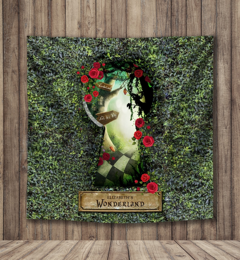 Wonderland Backdrop Alice in Wonderland Party Garden Keyhole Welcome Sign Red Rose Tea Party Prom Vinyl 1 Day Turnaround