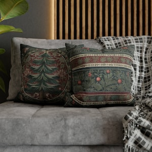 Christmas Tree Throw Pillows - William Morris Style - Whimsical and Elegant Decor - Woodland Pine or Holly Berry Garland