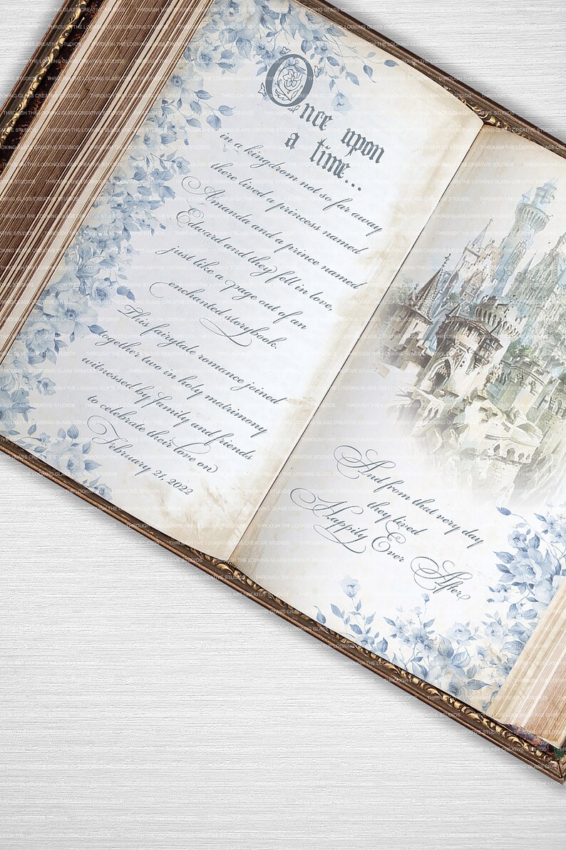 Blue Floral Castle Storybook Art - Custom Fairytale - Personalized Wedding Decor