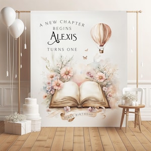 Literary girl book backdrop with blush and blue pastels, open book, wildflowers, hot air balloon, and custom text for baby shower.