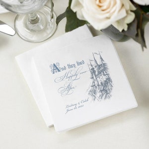 Castle Napkins Customized, Fairytale Theme for Wedding, Bridal Shower, Set of 100, Blue and White, And They Lived Happily Ever After