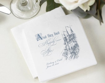 Castle Napkins Customized, Fairytale Theme for Wedding, Bridal Shower, Set of 100, Blue and White, And They Lived Happily Ever After