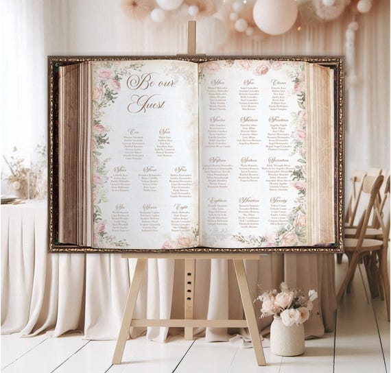 Book Seating Chart in a Pink Floral, Fairytale Wedding, Vintage Open Book Style