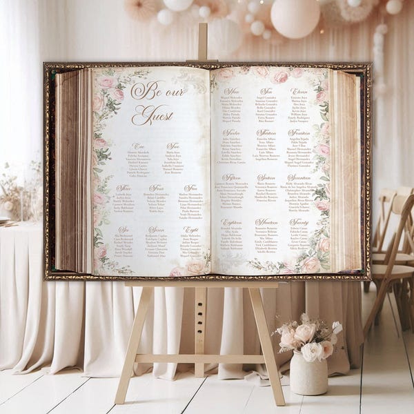 Book Seating Chart in a Pink Floral, Fairytale Wedding, Vintage Open Book Style