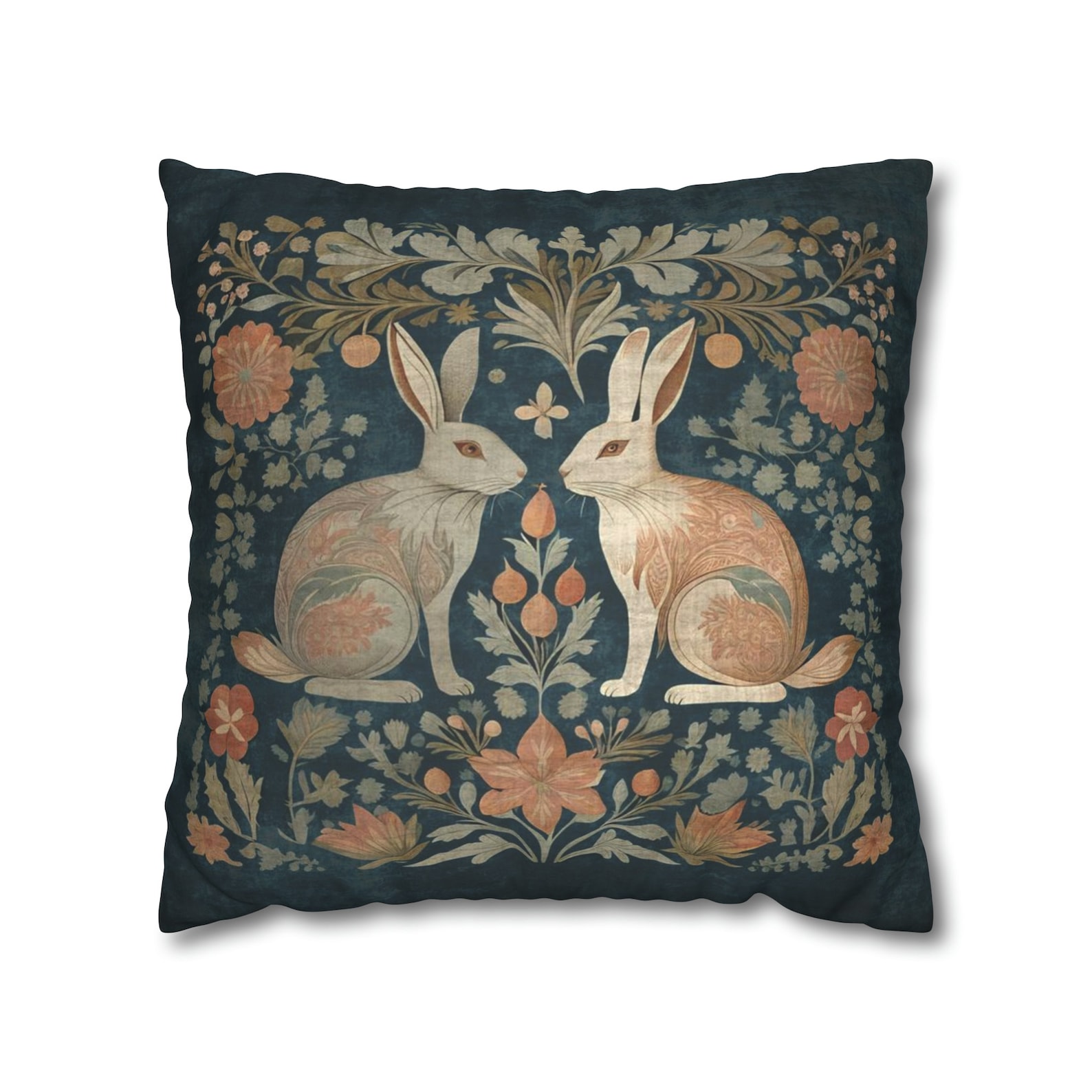 Folk Art Animal Throw Pillows - William Morris Style - Whimsical and Elegant Decor - Dark Blue, Beige, Copper - Rabbits, Fox, Mushrooms, Owl - Pillow-Rabbits, 14x14" Faux Suede