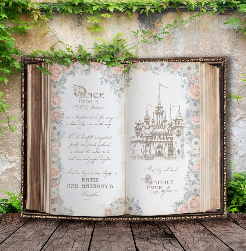 This pretty baby shower backdrop design looks like a vintage open book featuring your fairytale text in a script font. A castle illustration is on one side and the pages are bordered in pink and blue flowers.