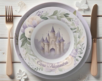 Custom Purple Fairytale Castle Plate and Bowl, Sold Separately, Rapunzel Gift, Purple Flower, Princess, Plates for Kids, Made in USA