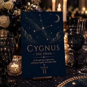 May include: A dark blue rectangular table sign featuring a gold celestial illustration of the Cygnus constellation, a crescent moon, and clouds. The text reads: CYGNUS THE SWAN, In the night sky, Cygnus soars with grace, loyalty, and endless light, TABLE II.