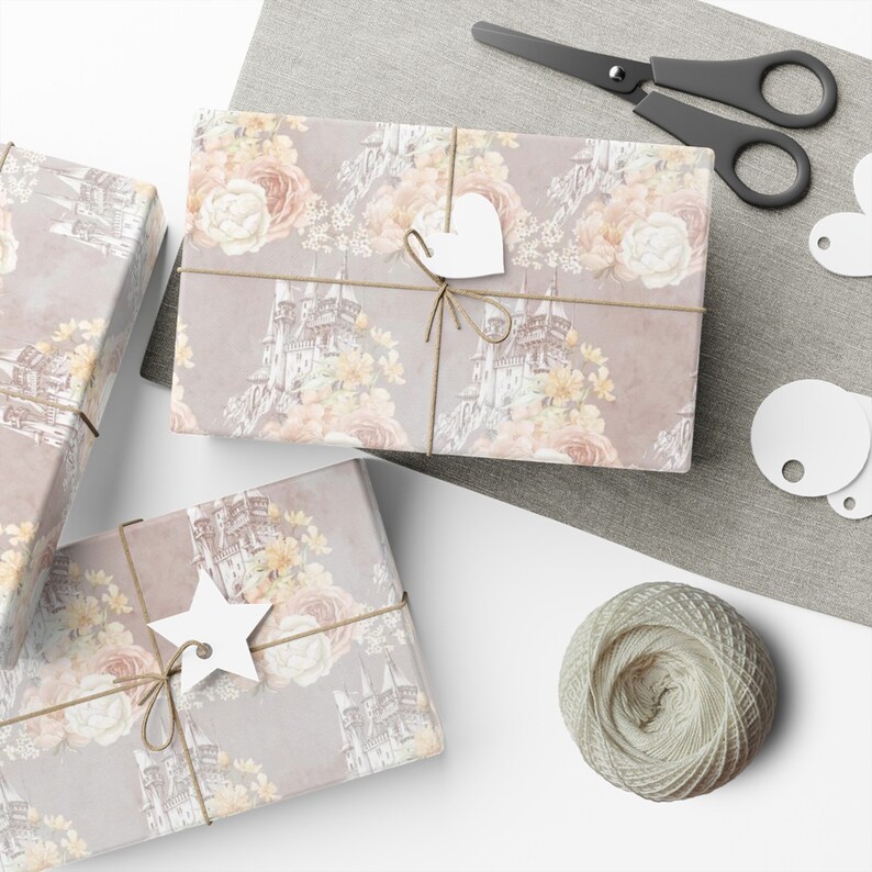 fairytale castle wrapping paper sheets featuring blush and pink roses.