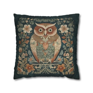A unique and whimsical wise owl in the style of William Morris with flowers and vines in shades of blue and copper.