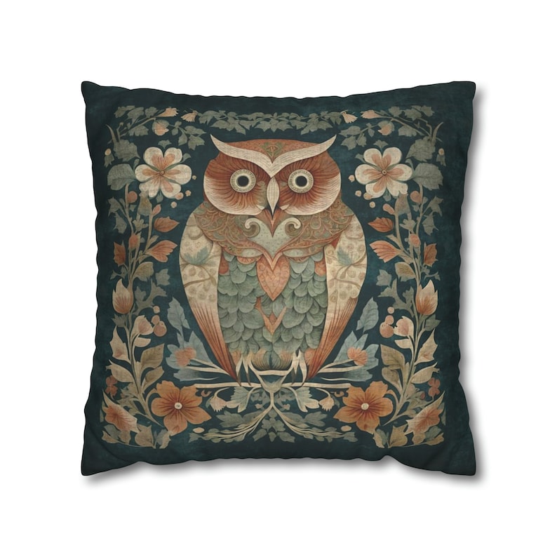 A unique and whimsical wise owl in the style of William Morris with flowers and vines in shades of blue and copper.