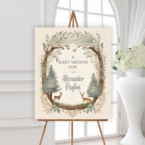 Woodland Forest Baby Shower Signo de bienvenida - Tema de ciervo rústico - Nombre personalizado - Primer cumpleaños - Ilustración de acuarela - Cambio de 1 día