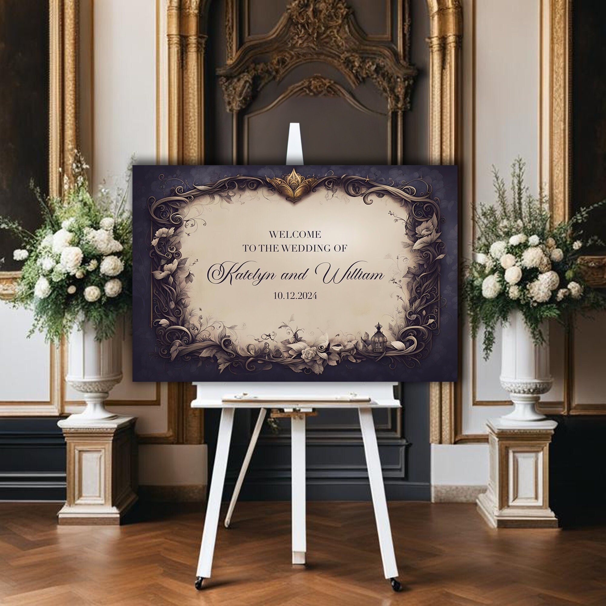 Wedding Welcome Sign in a Navy Blue Enchanted Forest Theme - Elvish Feel - Personalized - Woodland Wedding - Beauty and the Beast