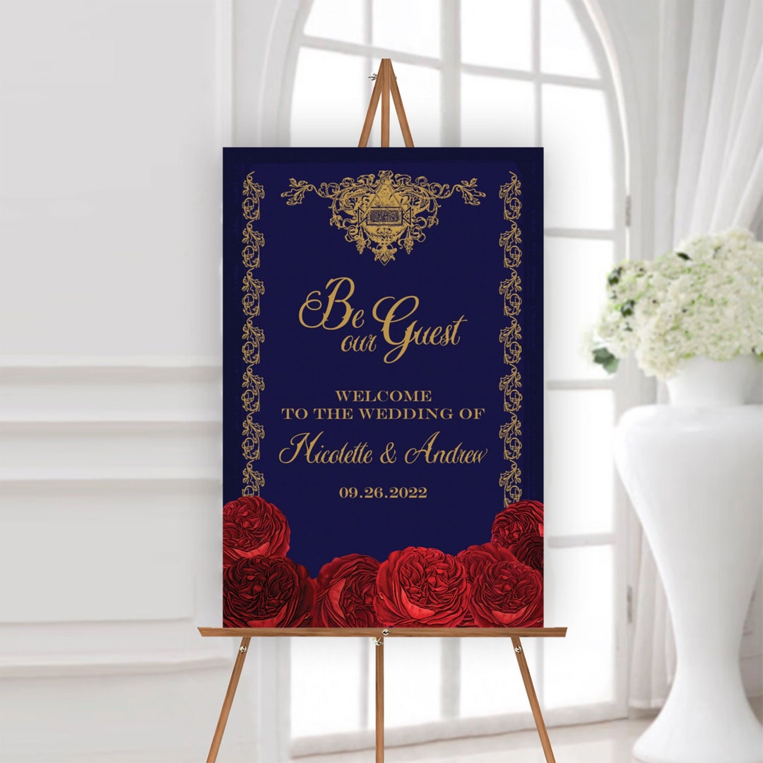 Enchanted Red Rose Wedding Welcome Sign | Navy Blue Gold Fairytale ...
