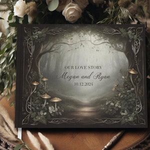 May include: A dark green and brown wedding guest book with a whimsical forest scene. The text "Our Love Story Megan and Ryan 10.12.2024" is printed on the front cover.