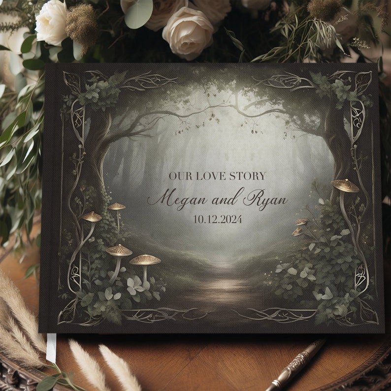 May include: A dark green and brown wedding guest book with a whimsical forest scene. The text "Our Love Story Megan and Ryan 10.12.2024" is printed on the front cover.