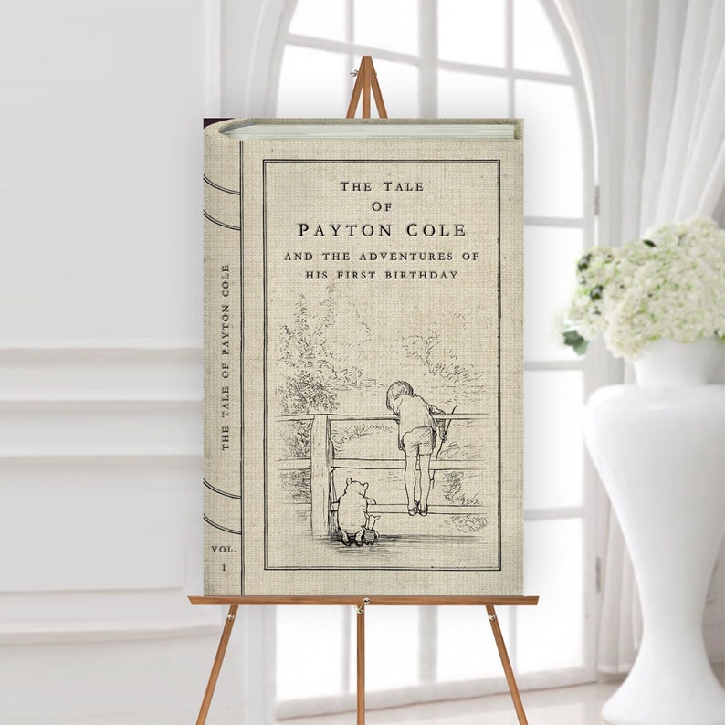 An elegant Winnie the Pooh storybook welcome sign made to look like the cover of a book and featuring your custom text with a vintage illustration of Winnie the Pooh and friends.