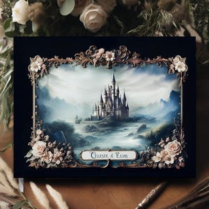 Dark Dreamy Fairytale Castle Wedding Guestbook – Ornate Gold Border & Blush Roses, Fantasy Wedding 10.9&quot; x 8.75&quot; - 80 blank pages