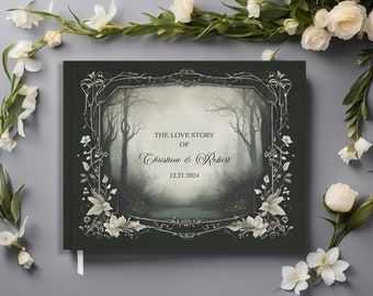 Wedding Guest Book Dark Woodland - Dreamy Enchanted Forest Theme - Dark and Moody - Custom Names - LOTR - 10.9" x 8.75" - 100 blank pages