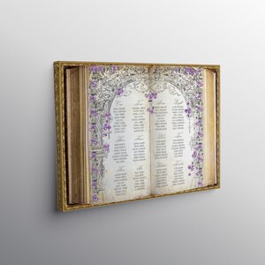 May include: A vintage book style wedding seating chart with a floral design. The chart is divided into sections with names listed under each section. The sections are labeled "One", "Two", "Three", "Four", "Five", "Six", "Seven", and "Eight".