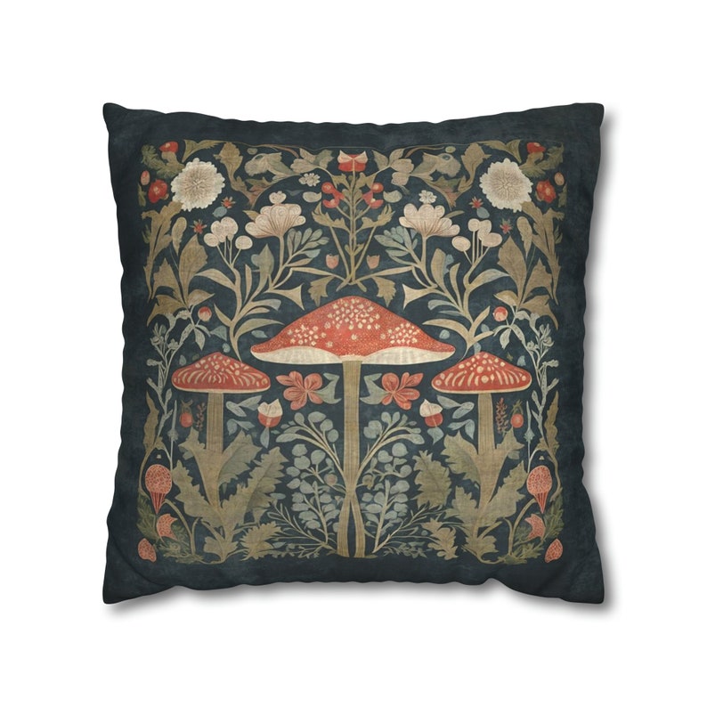 A whimsical boho style mushroom forest throw pillow print with flowers and vines.