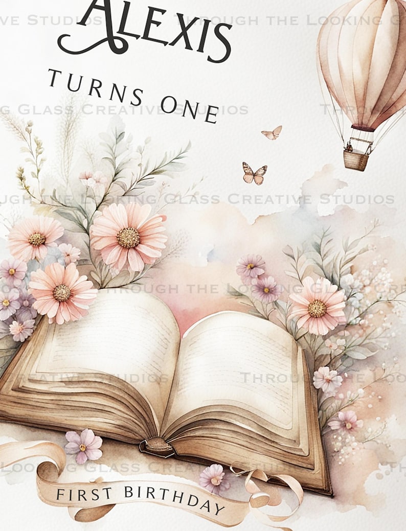 Close-up of custom book backdrop featuring pale pastel wildflowers, open book, and personalized text "A New Chapter Begins" for first birthday.