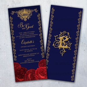 Beauty and the Beast Invitation - Tale of Old Time - Be Our Guest - Red Rose - Wedding - Once Upon a Time - Navy Blue - 4x9.25" Invitation