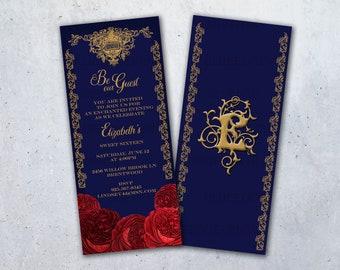 Beauty and the Beast Invitation - Tale of Old Time - Be Our Guest - Red Rose - Wedding - Once Upon a Time - Navy Blue - 4x9.25" Invitation