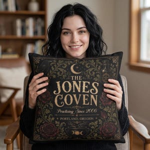 Witch Coven and Broom Co. Pillows, Personalized Halloween Decor, Two Designs, Double Sided Print