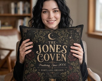 Witch Coven and Broom Co. Pillows, Personalized Halloween Decor, Two Designs, Double Sided Print