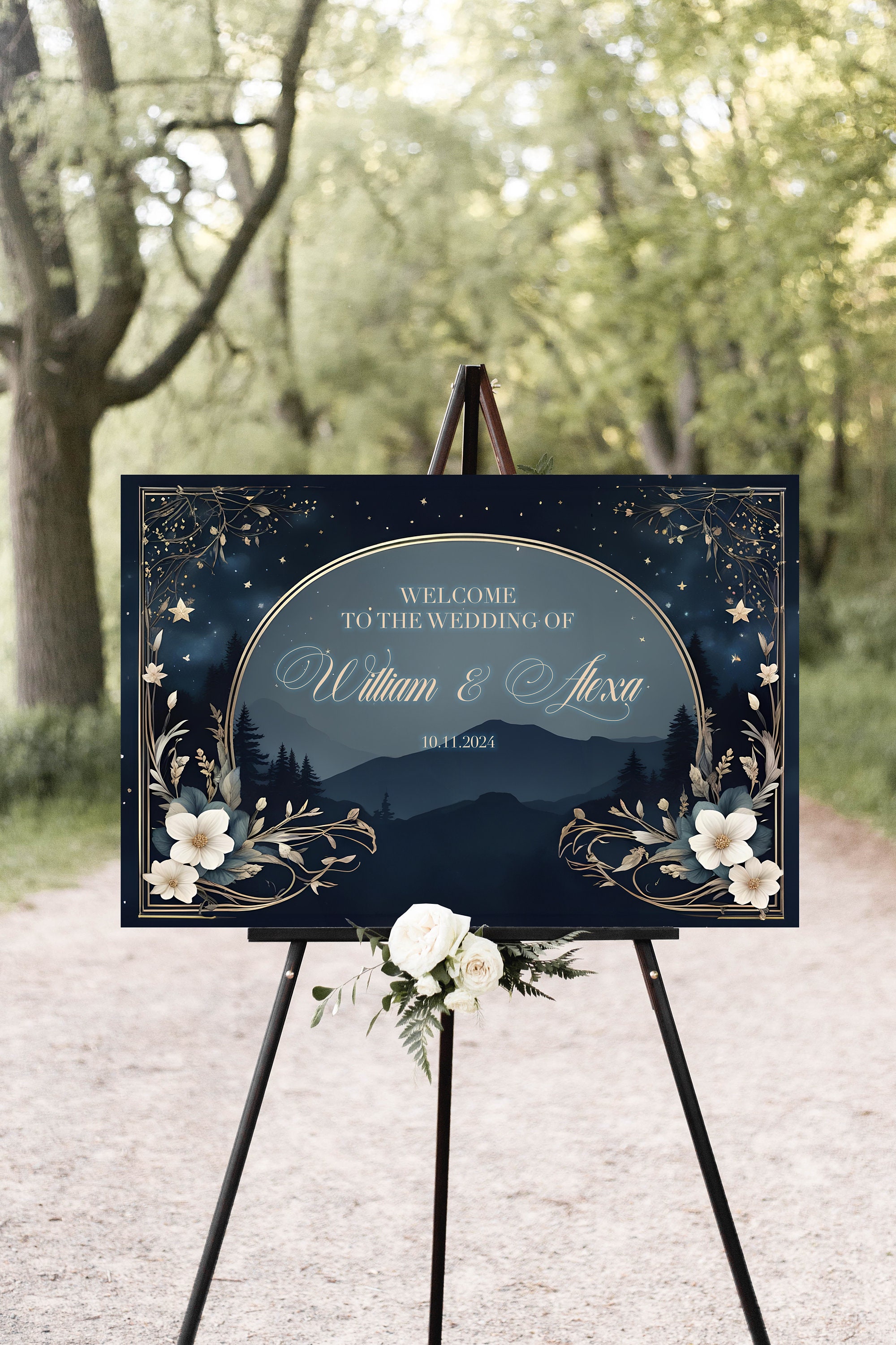 Welcome Sign Midsummer Nights Dream, Ethereal Floral Design, Navy Blue ...