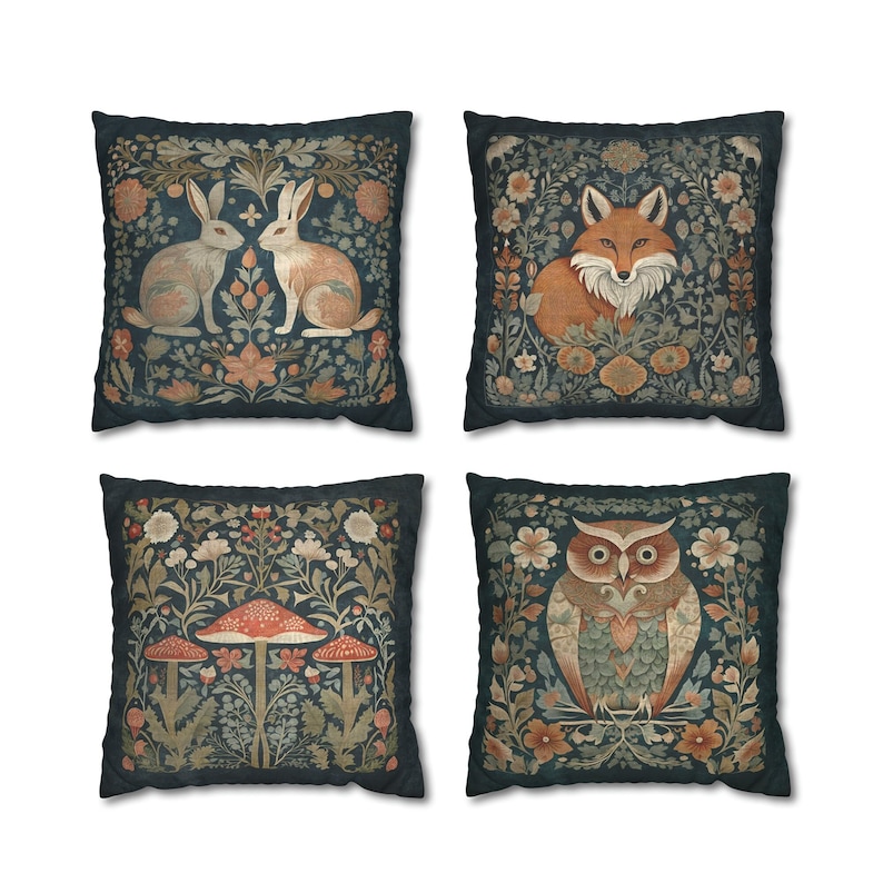 William Morris style animal pillows with a beautiful tapestry like printed design featuring soft colors of teal, brown, red and beige of an owl, mushrooms, fox and rabbits.