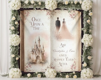 Custom Fairytale Storybook Backdrop - Sepia Tones - Pale Pink Blush Florals - Once Upon a Time Text - Watercolor Castle