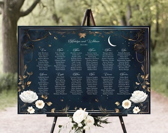 Navy Blue and Gold Floral Seating Chart | Midsummer Nights Dream Wedding Decor | Ivory Florals | Whimsical | Boho